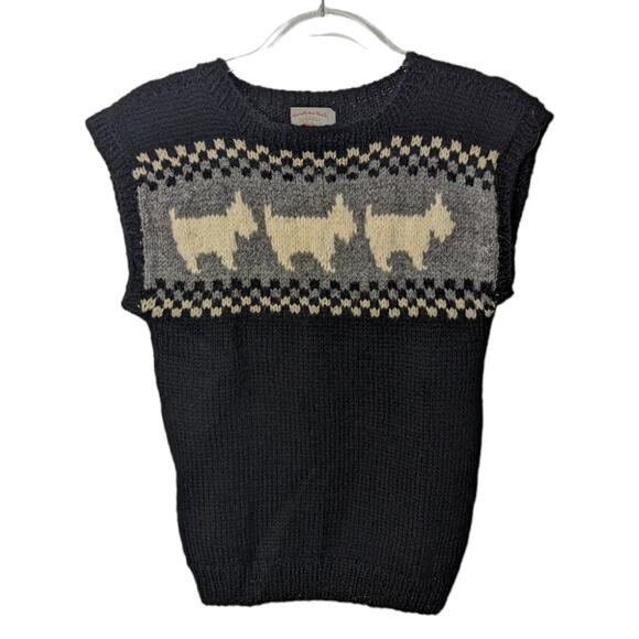 Vintage Handmade Sweater Vest Crew Neck Black with Scottie Dog Checkered - Picture 1 of 5